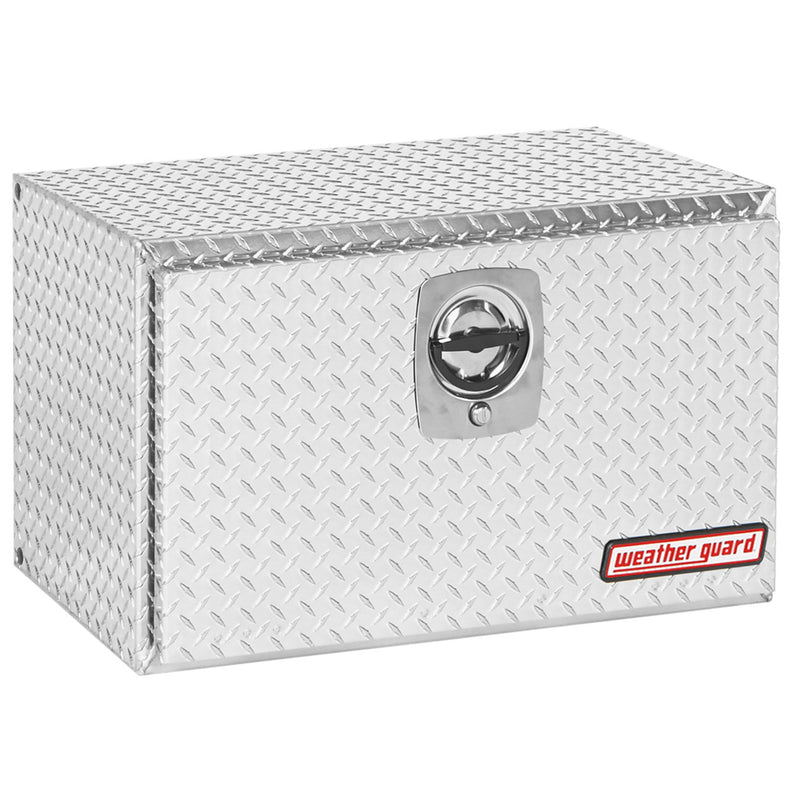 Weather Guard 631-0-02 underbed box in bright aluminum diamond plate, front three-quarter studio view with the door closed