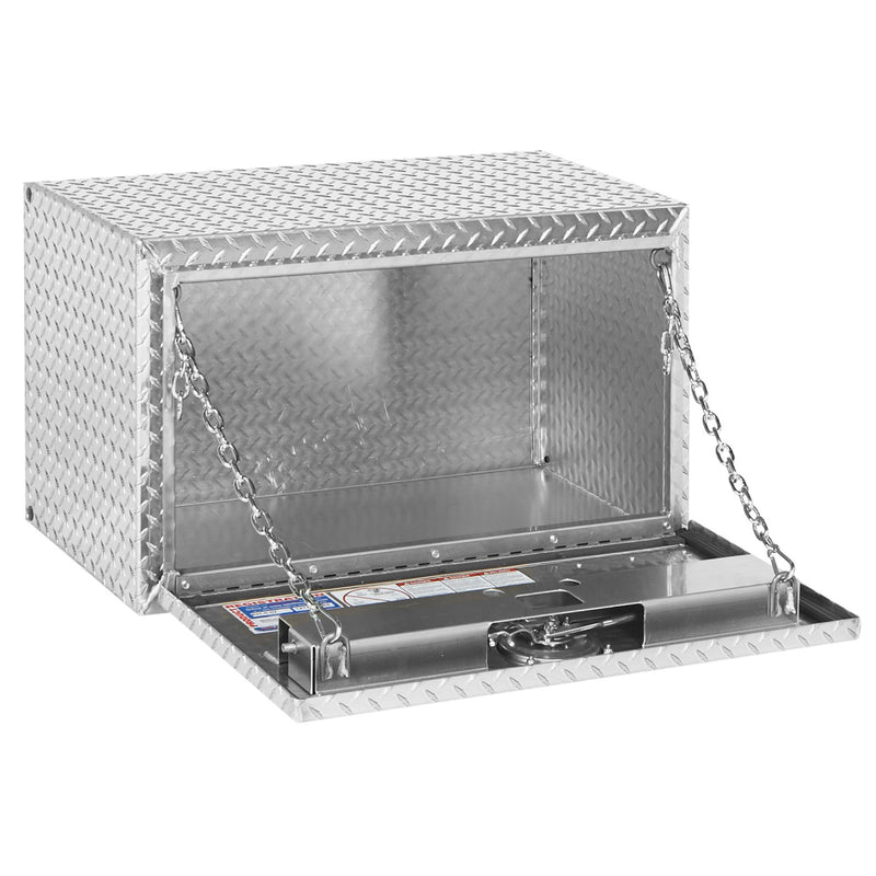 Weather Guard 631-0-02 underbed box in bright aluminum diamond plate, door open, showing the interior floor and the full opening