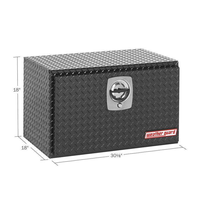 Weather Guard 631-5-02 underbed box in gloss black, dimensional line drawing with the overall length, width and height called out