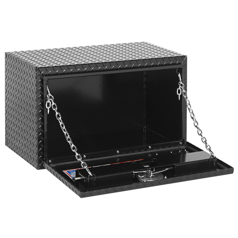 Weather Guard 631-5-02 underbed box in gloss black, door open, showing the interior floor and the full opening