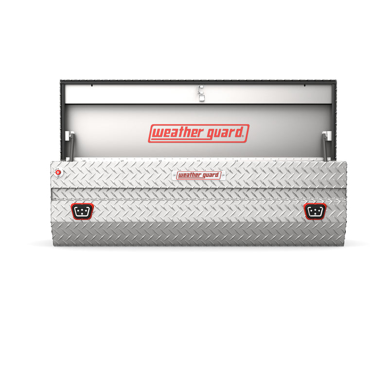 Weather Guard 634-0-04 All-Purpose Chest in bright aluminum diamond plate, straight-on front view with the lid open, showing the full interior