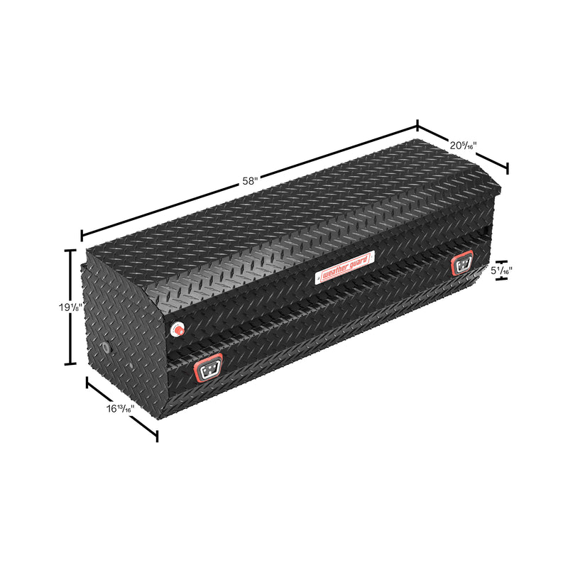 Weather Guard 634-5-04 All-Purpose Chest in gloss black, dimensional line drawing with the overall length, width and height called out