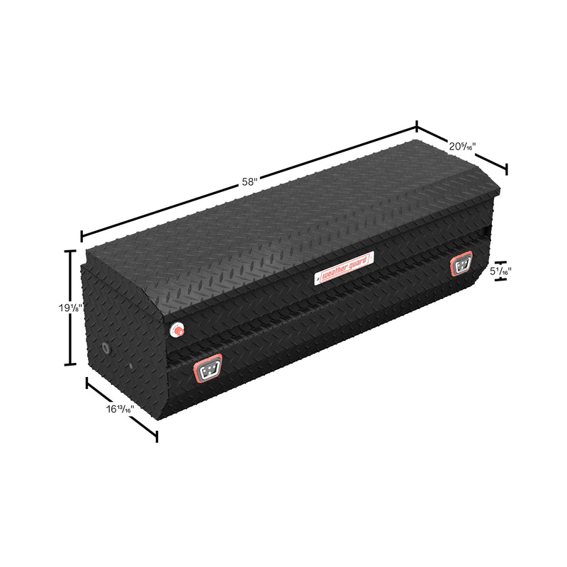 Weather Guard 634-52-04 All-Purpose Chest in textured matte black, dimensional line drawing with the overall length, width and height called out