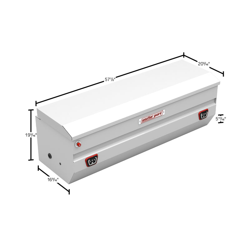 Weather Guard 635-3-04 All-Purpose Chest in brite white, dimensional line drawing with the overall length, width and height called out