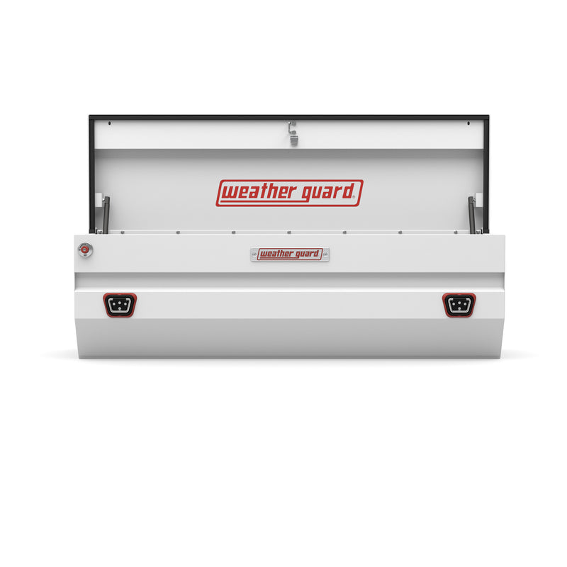 Weather Guard 635-3-04 All-Purpose Chest in brite white, straight-on front view with the lid open, showing the full interior