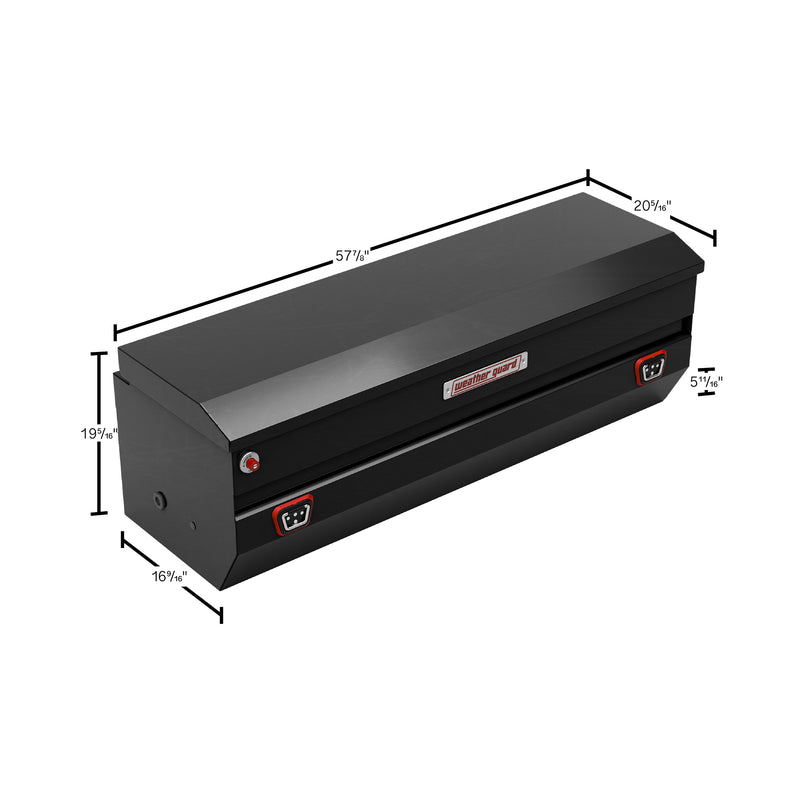 Weather Guard 635-5-04 All-Purpose Chest in gloss black, dimensional line drawing with the overall length, width and height called out