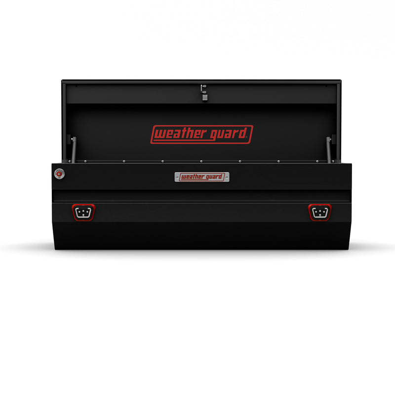 Weather Guard 635-5-04 All-Purpose Chest in gloss black, straight-on front view with the lid open, showing the full interior
