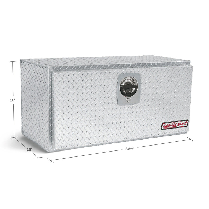 Weather Guard 636-0-02 underbed box in bright aluminum diamond plate, dimensional line drawing with the overall length, width and height called out