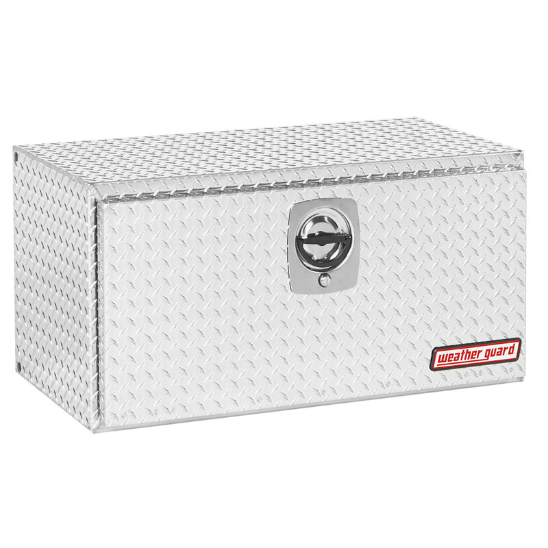 Weather Guard 636-0-02 underbed box in bright aluminum diamond plate, front three-quarter studio view with the door closed