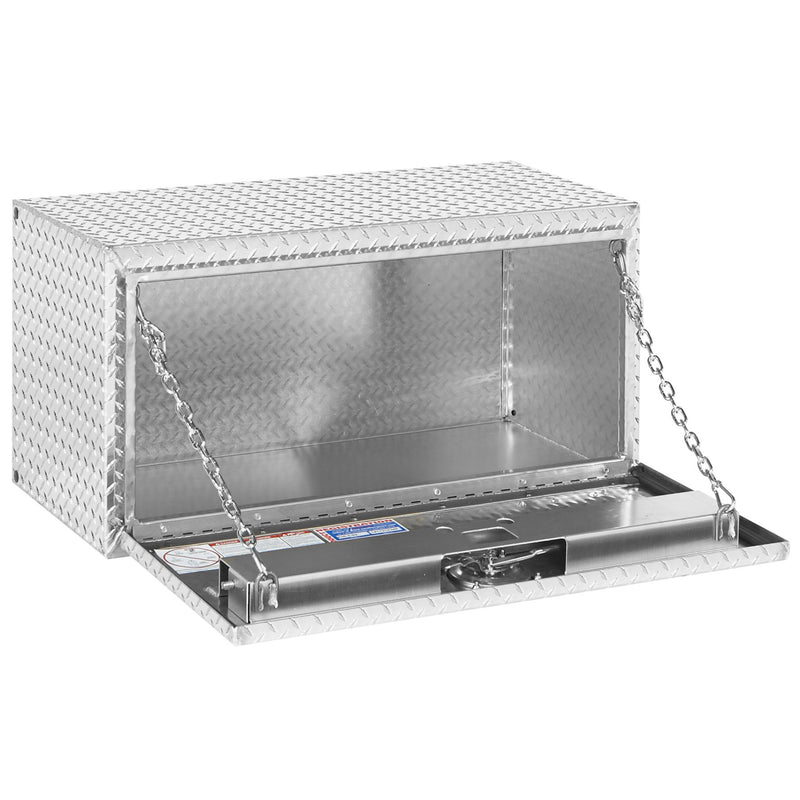 Weather Guard 636-0-02 underbed box in bright aluminum diamond plate, door open, showing the interior floor and the full opening