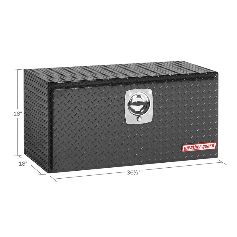 Weather Guard 636-5-02 underbed box in gloss black, dimensional line drawing with the overall length, width and height called out