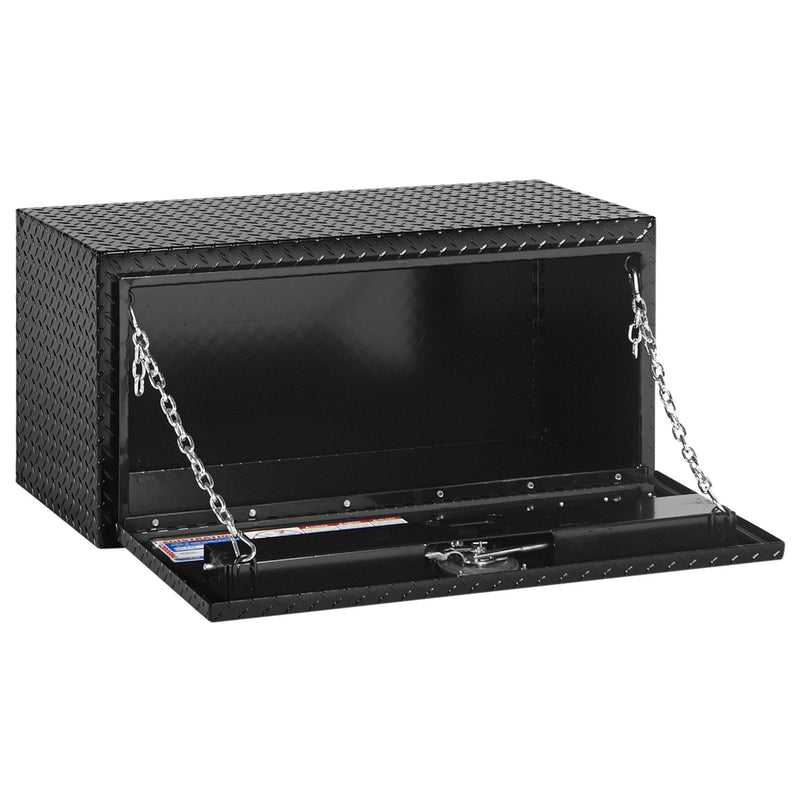 Weather Guard 636-5-02 underbed box in gloss black, door open, showing the interior floor and the full opening