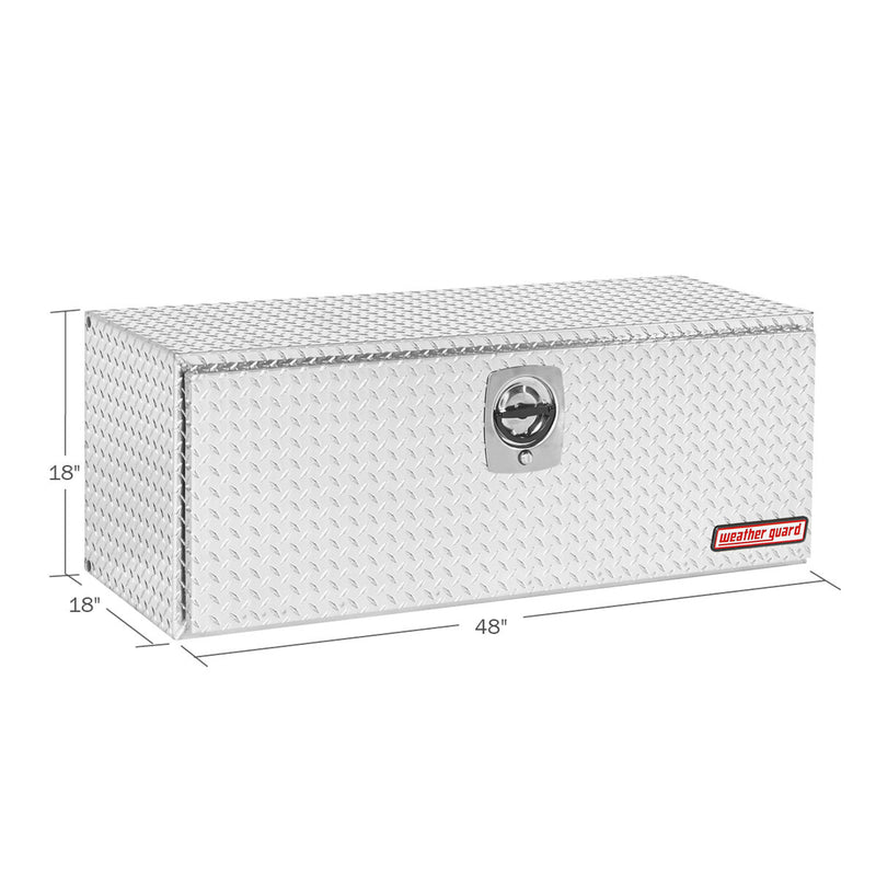 Weather Guard 648-0-02 underbed box in bright aluminum diamond plate, dimensional line drawing with the overall length, width and height called out