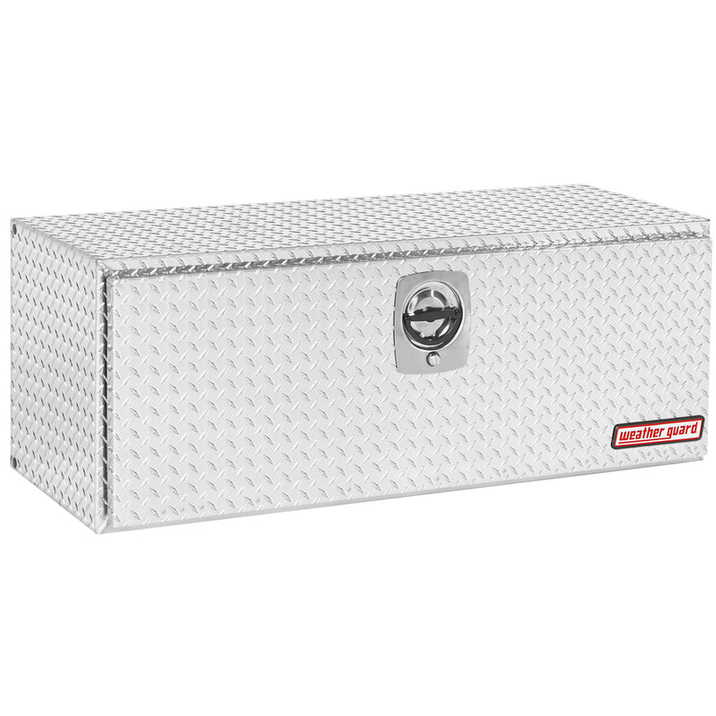 Weather Guard 648-0-02 underbed box in bright aluminum diamond plate, front three-quarter studio view with the door closed