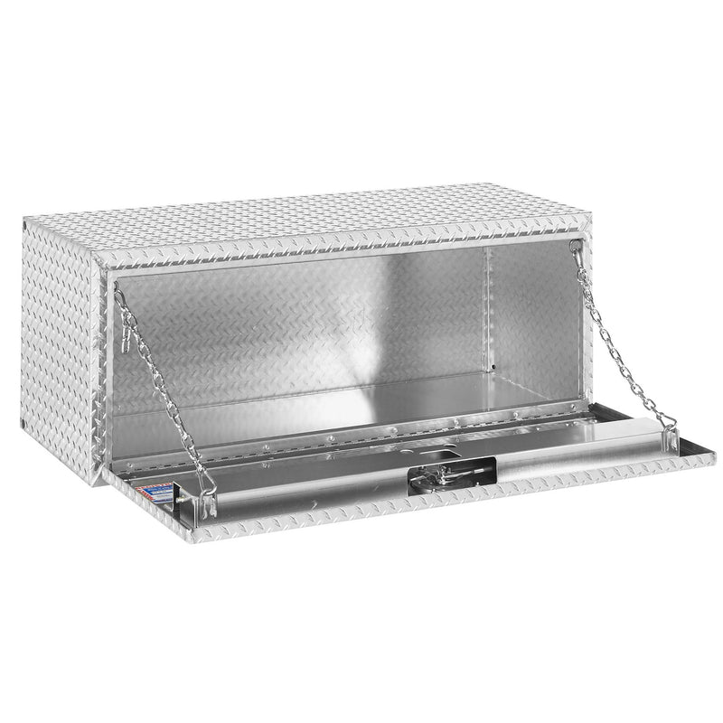 Weather Guard 648-0-02 underbed box in bright aluminum diamond plate, door open, showing the interior floor and the full opening