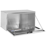 Weather Guard 650-0-02 underbed truck tool box with the drop-down door open on its support chains, showing the bright aluminum interior and latch