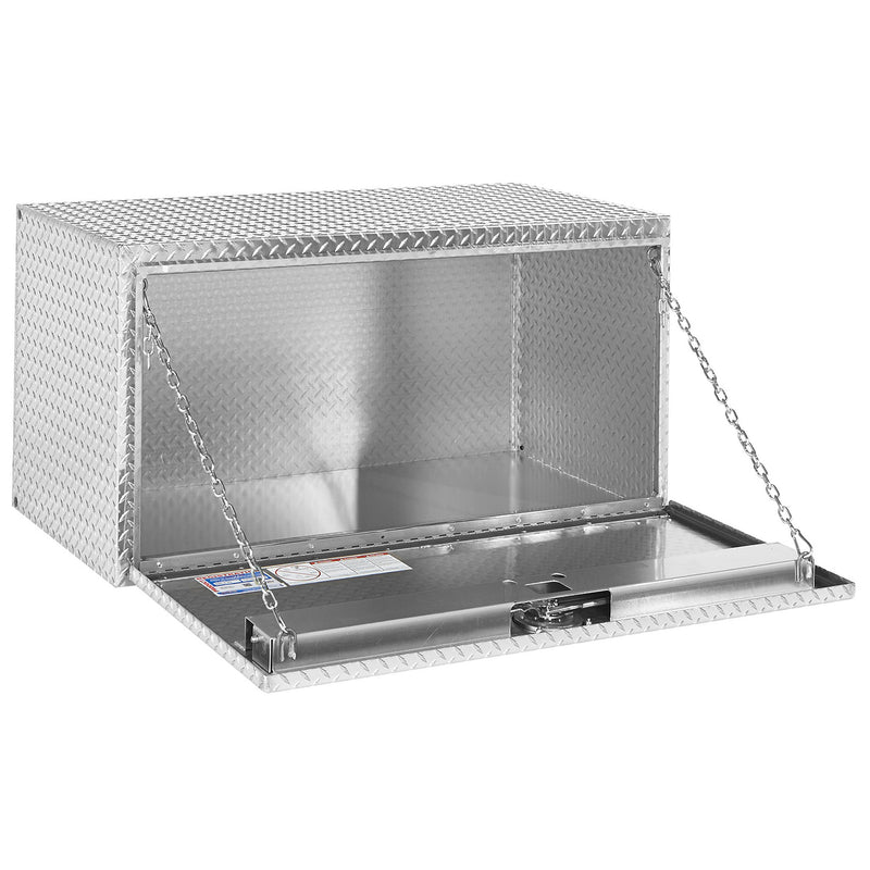 Weather Guard 650-0-02 underbed truck tool box with the drop-down door open on its support chains, showing the bright aluminum interior and latch