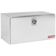 Weather Guard 650-0-02 48 in Jumbo Underbed aluminum diamond plate truck tool box in bright aluminum, front three-quarter studio view with the drop-down door closed