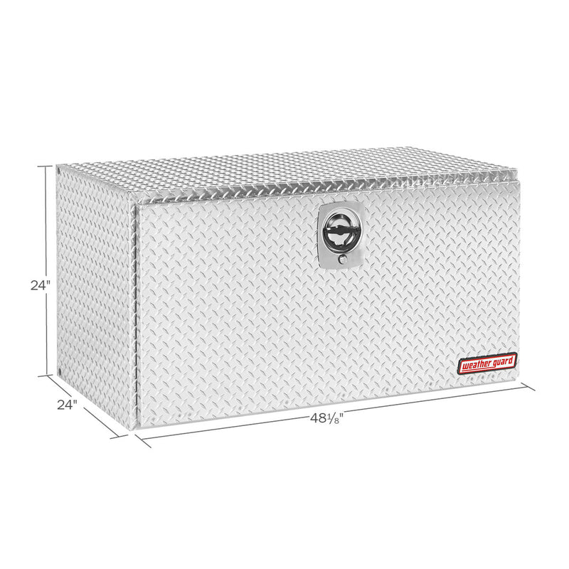 Weather Guard 650-0-02 jumbo underbed box in bright aluminum diamond plate, dimensional line drawing with the overall length, width and height called out