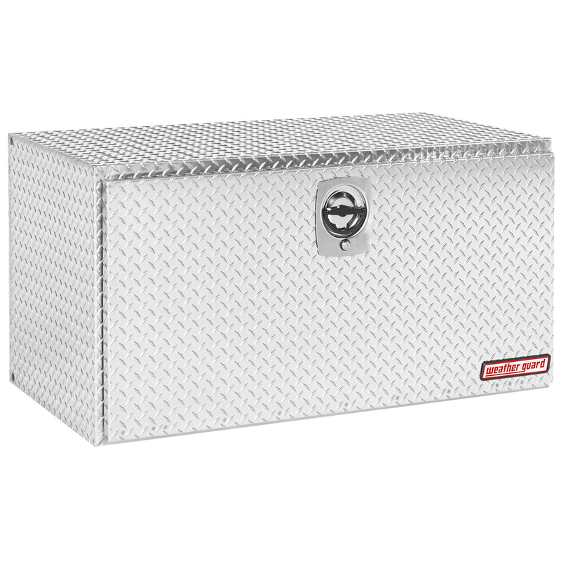 Weather Guard 650-0-02 jumbo underbed box in bright aluminum diamond plate, front three-quarter studio view with the door closed