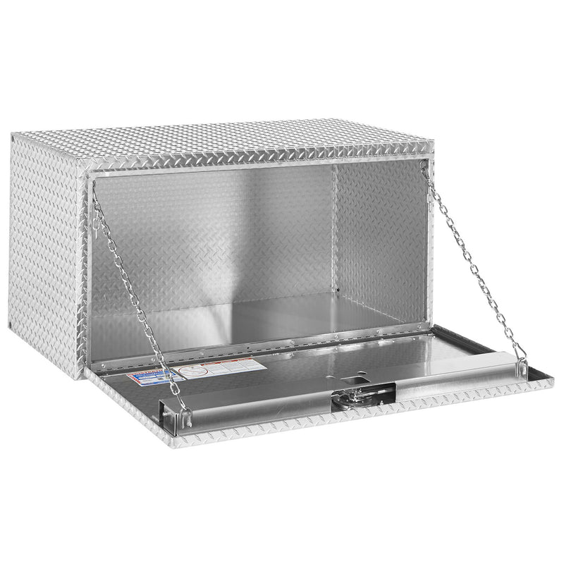 Weather Guard 650-0-02 jumbo underbed box in bright aluminum diamond plate, door open, showing the interior floor and the full opening
