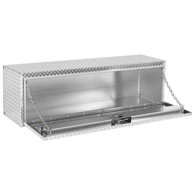 Weather Guard 660-0-02 underbed truck tool box with the drop-down door open on its support chains, showing the bright aluminum interior and latch