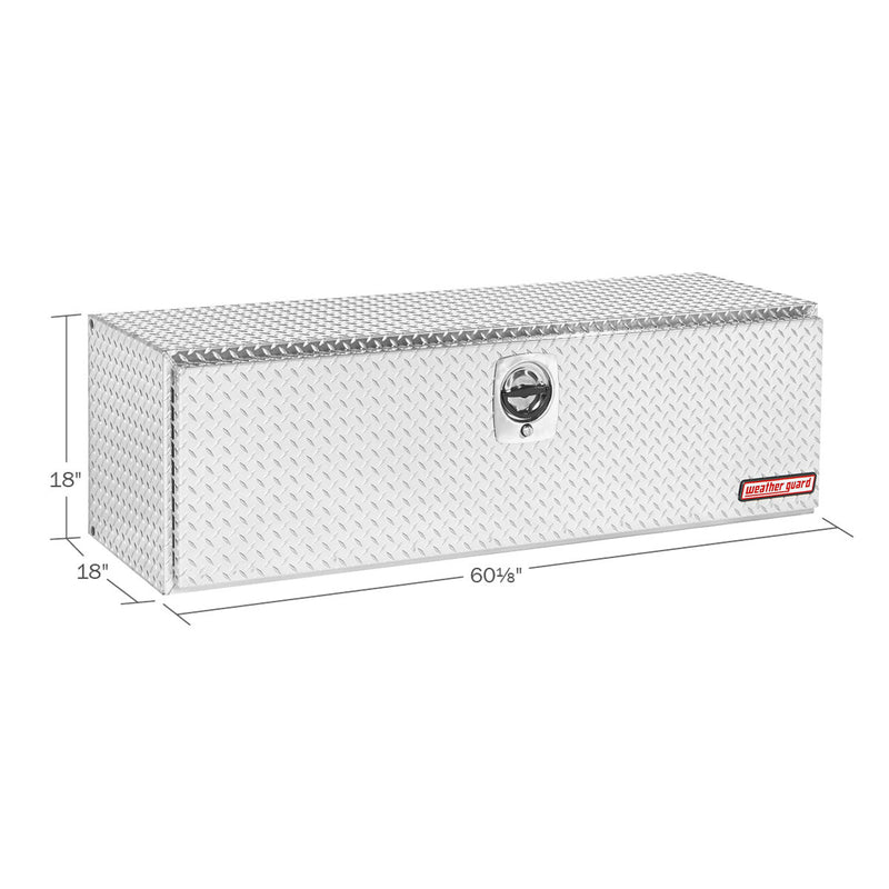 Weather Guard 660-0-02 underbed box in bright aluminum diamond plate, dimensional line drawing with the overall length, width and height called out