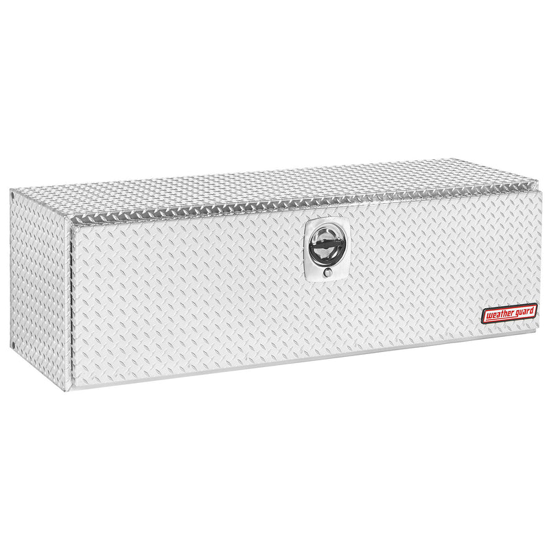 Weather Guard 660-0-02 underbed box in bright aluminum diamond plate, front three-quarter studio view with the door closed