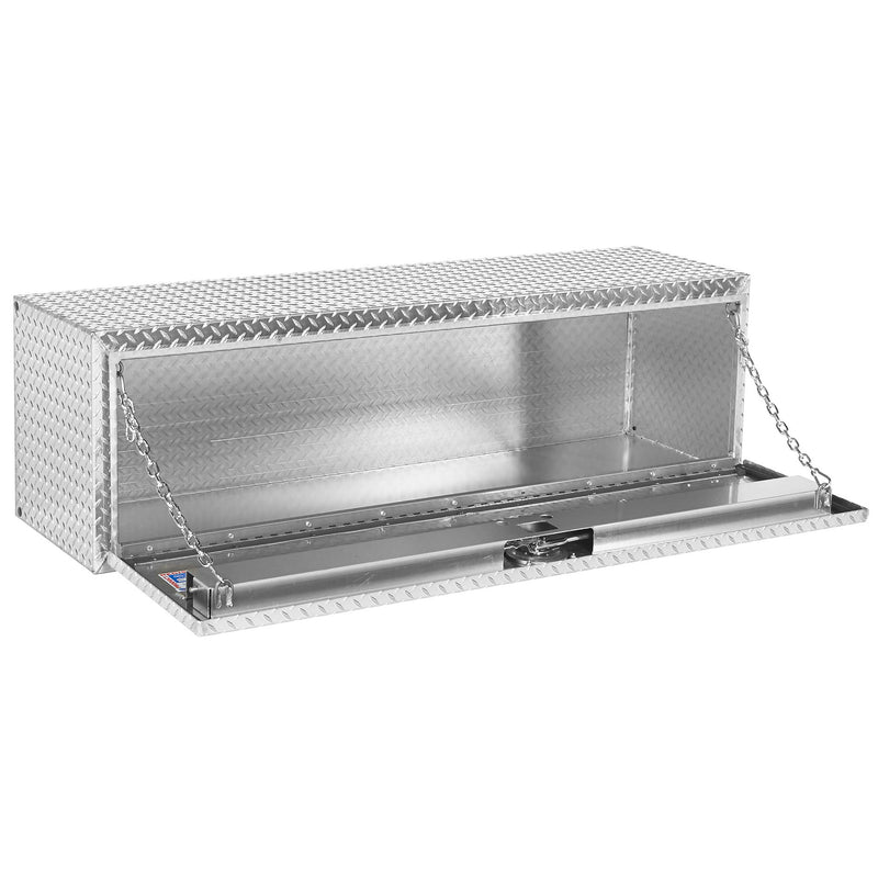 Weather Guard 660-0-02 underbed box in bright aluminum diamond plate, door open, showing the interior floor and the full opening