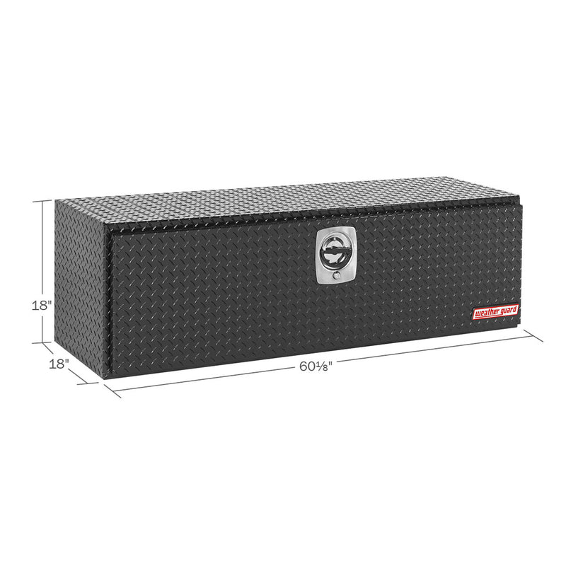 Weather Guard 660-5-02 underbed box in gloss black, dimensional line drawing with the overall length, width and height called out