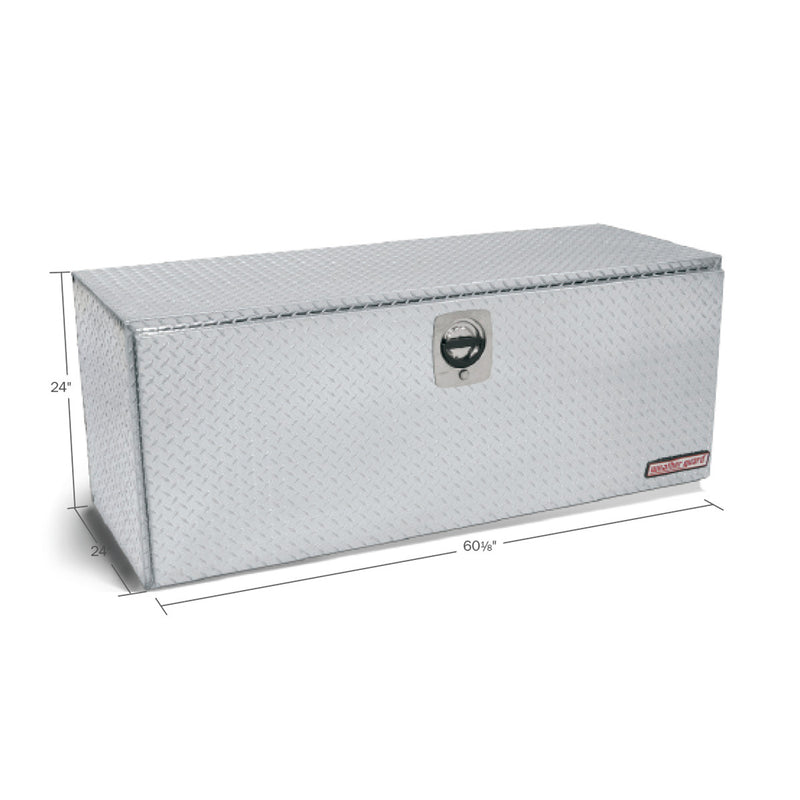 Weather Guard 662-0-02 jumbo underbed box in bright aluminum diamond plate, dimensional line drawing with the overall length, width and height called out