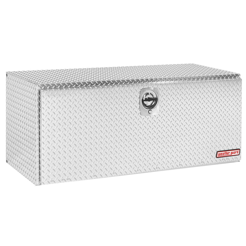 Weather Guard 662-0-02 jumbo underbed box in bright aluminum diamond plate, front three-quarter studio view with the door closed