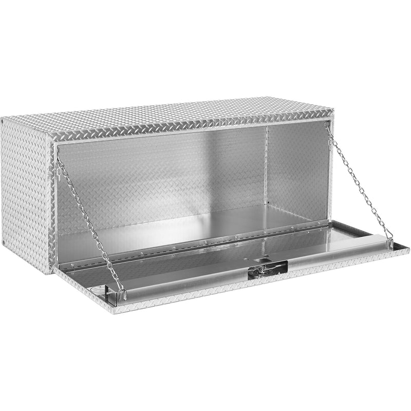 Weather Guard 662-0-02 jumbo underbed box in bright aluminum diamond plate, door open, showing the interior floor and the full opening