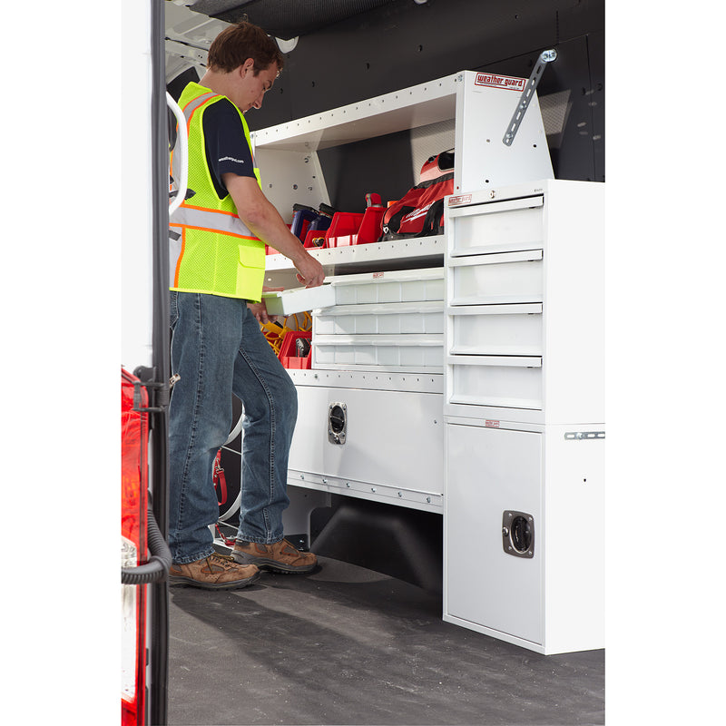 Weather Guard 9164-3-01 42 in x 16 in Steel Van Accessory Shelf, a technician working at a Weather Guard shelving and drawer cabinet run inside a Ford Transit
