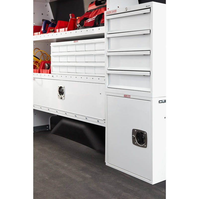 Weather Guard 9345-3-03 Heavy Duty 3-Shelf Adjustable Steel Van Storage Unit, a Weather Guard van storage system of white shelving and drawer cabinets built out along a Ford Transit wall