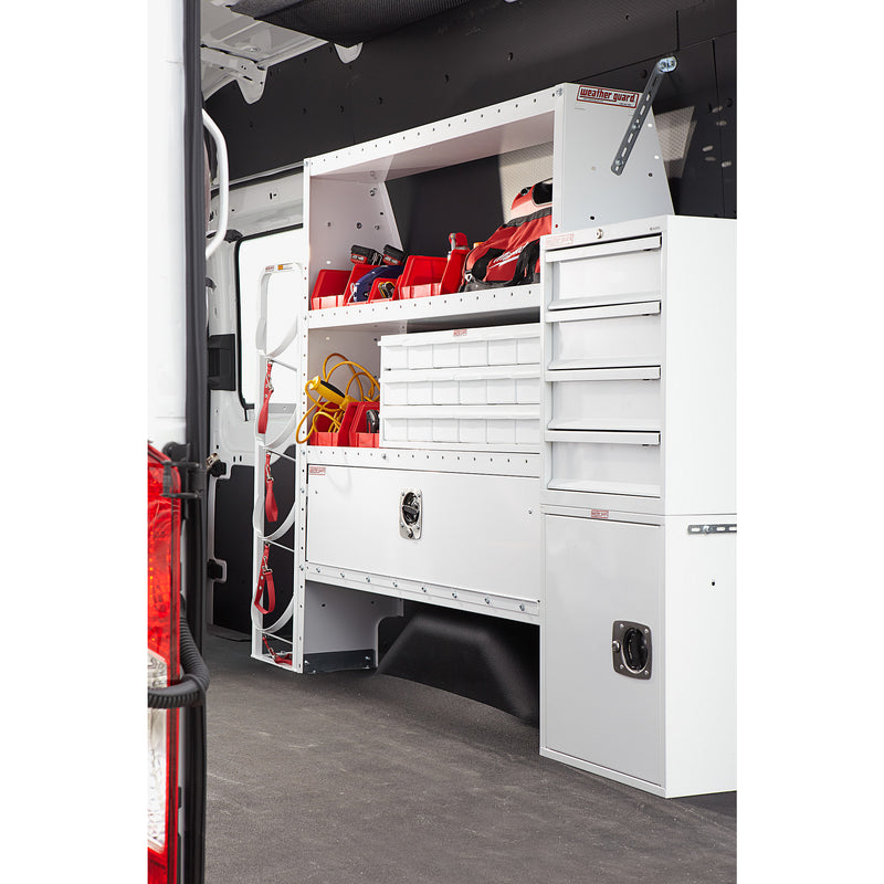 Weather Guard 9345-3-03 Heavy Duty 3-Shelf Adjustable Steel Van Storage Unit, a full Weather Guard van upfit of shelving, drawer cabinets and a tank rack in a Ford Transit