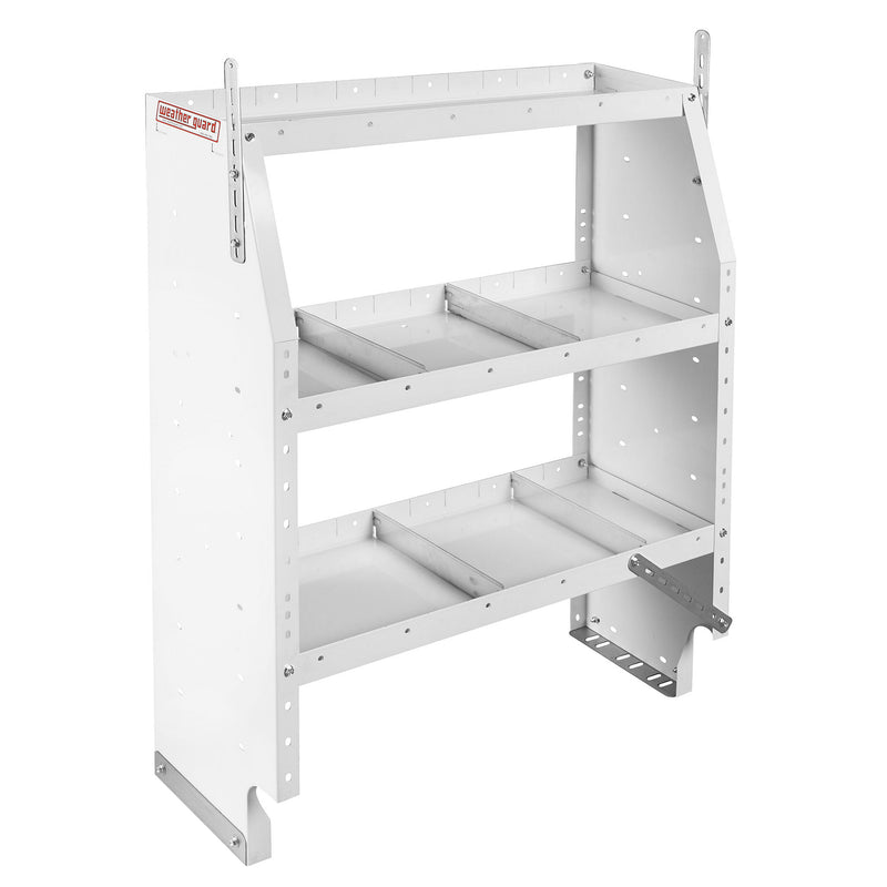 Weather Guard 9353-3-03 3-Shelf Adjustable Steel Van Storage Unit, rear view showing the hanging brackets and back structure