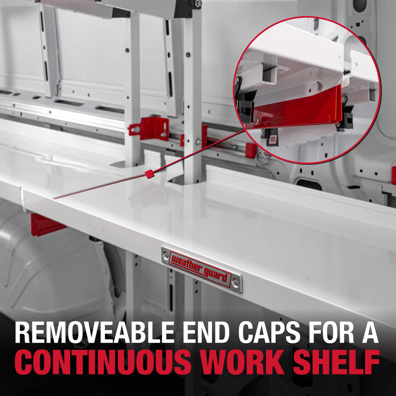 Weather Guard 9536-3-01 36 in Aluminum Folding Van Shelving Unit, marketing tile reading removable end caps for a continuous work shelf