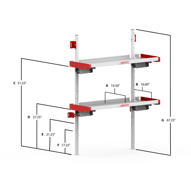 Weather Guard 9560-3-01 60 in Aluminum Folding Van Shelving Unit, dimensional drawing with the printed shelf spacing and overall height callouts