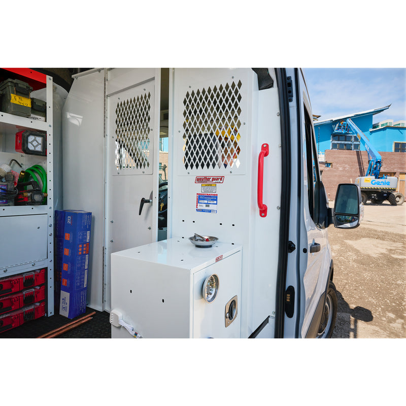 Weather Guard 96901-3-01 Swing Door Conversion Kit for Van Bulkheads, the conversion kit fitted to a bulkhead in a working van with the side door open
