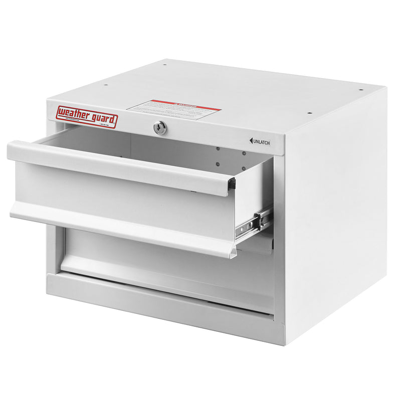Weather Guard 9912-3-02 Mechanics-Grade 2-Drawer Van Cabinet, with a drawer pulled open on its slides