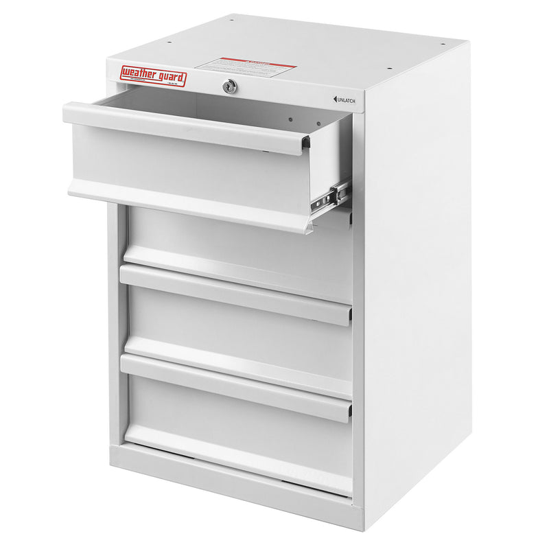 Weather Guard 9924-3-02 Mechanics-Grade 4-Drawer Van Cabinet, with a drawer pulled open on its slides
