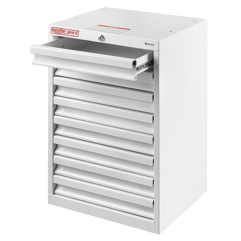 Weather Guard 9928-3-02 Mechanics-Grade 8-Drawer Van Cabinet, with a drawer pulled open on its slides