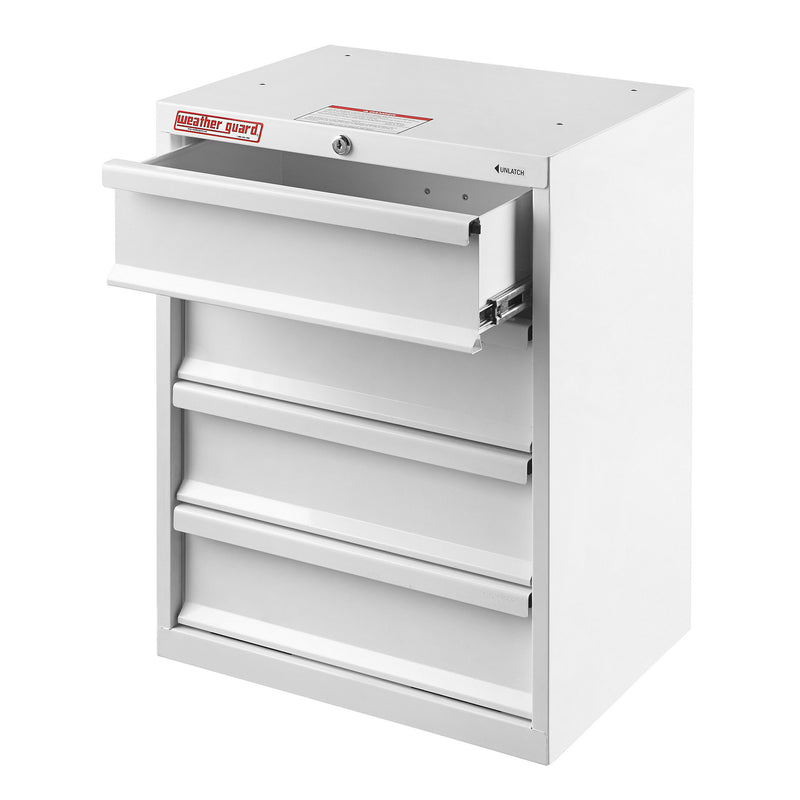 Weather Guard 9984-3-01 Mechanics-Grade 4-Drawer Van Cabinet, with a drawer pulled open on its slides