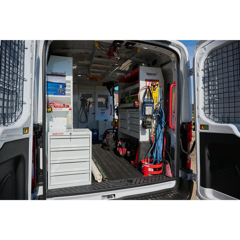 Weather Guard 9984-3-01 Mechanics-Grade 4-Drawer Van Cabinet, the cabinet installed in a shelved van cargo bay alongside tools and reels