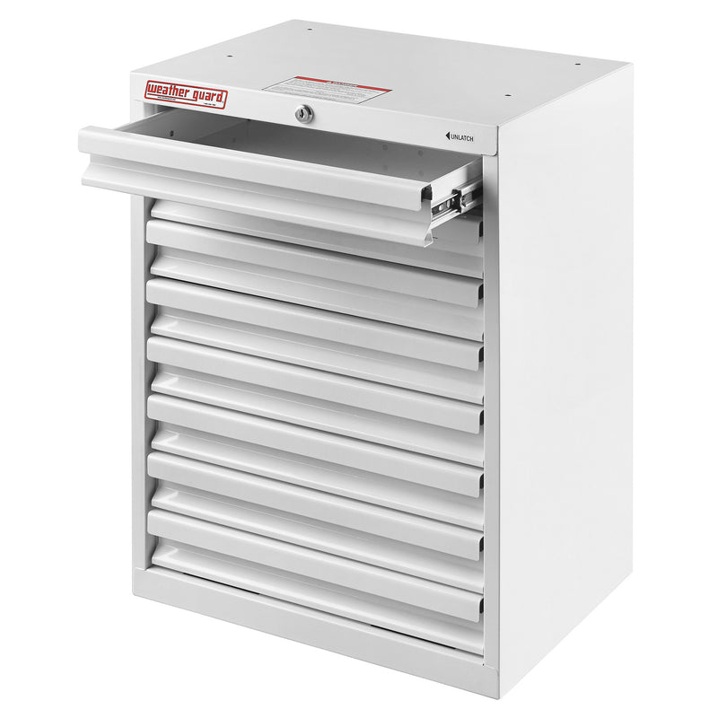 Weather Guard 9988-3-01 Mechanics-Grade 8-Drawer Van Cabinet, with a drawer pulled open on its slides