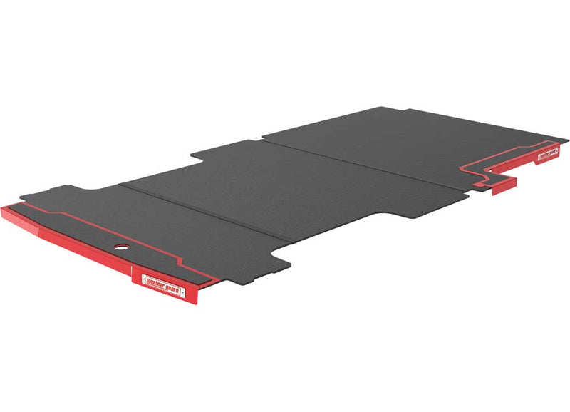 Weather Guard Rigid Van Flooring for the Ford Transit, studio flat-lay of the cut-to-fit floor panels with Hi-Viz red sills on white