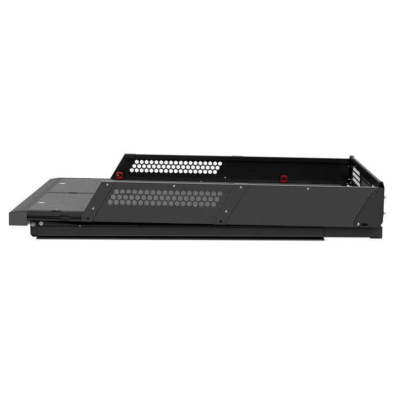 Right side profile of the Weather Guard 65 in sliding truck bed with the slide rail visible along the base