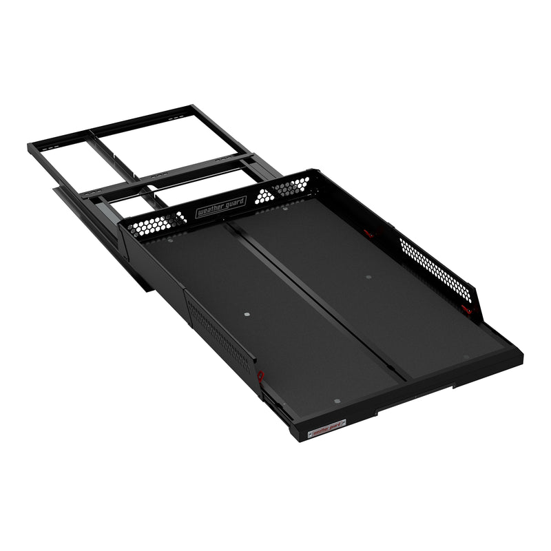 Weather Guard 75" sliding truck bed shown extended on its rollers with the slide rails exposed underneath