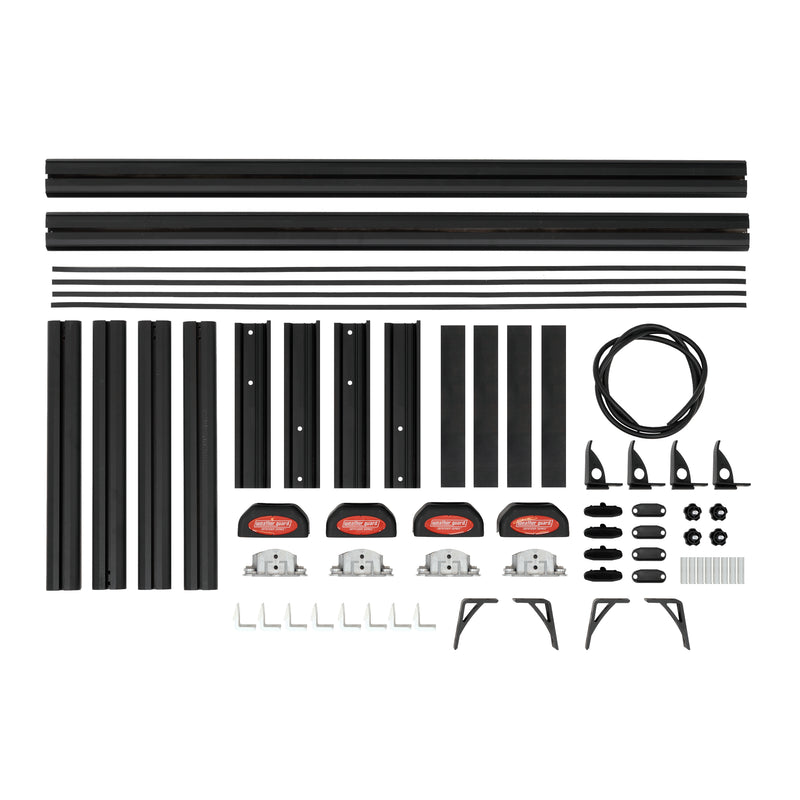 Every component of the Weather Guard DEFENDER universal aluminum truck rack laid out before assembly